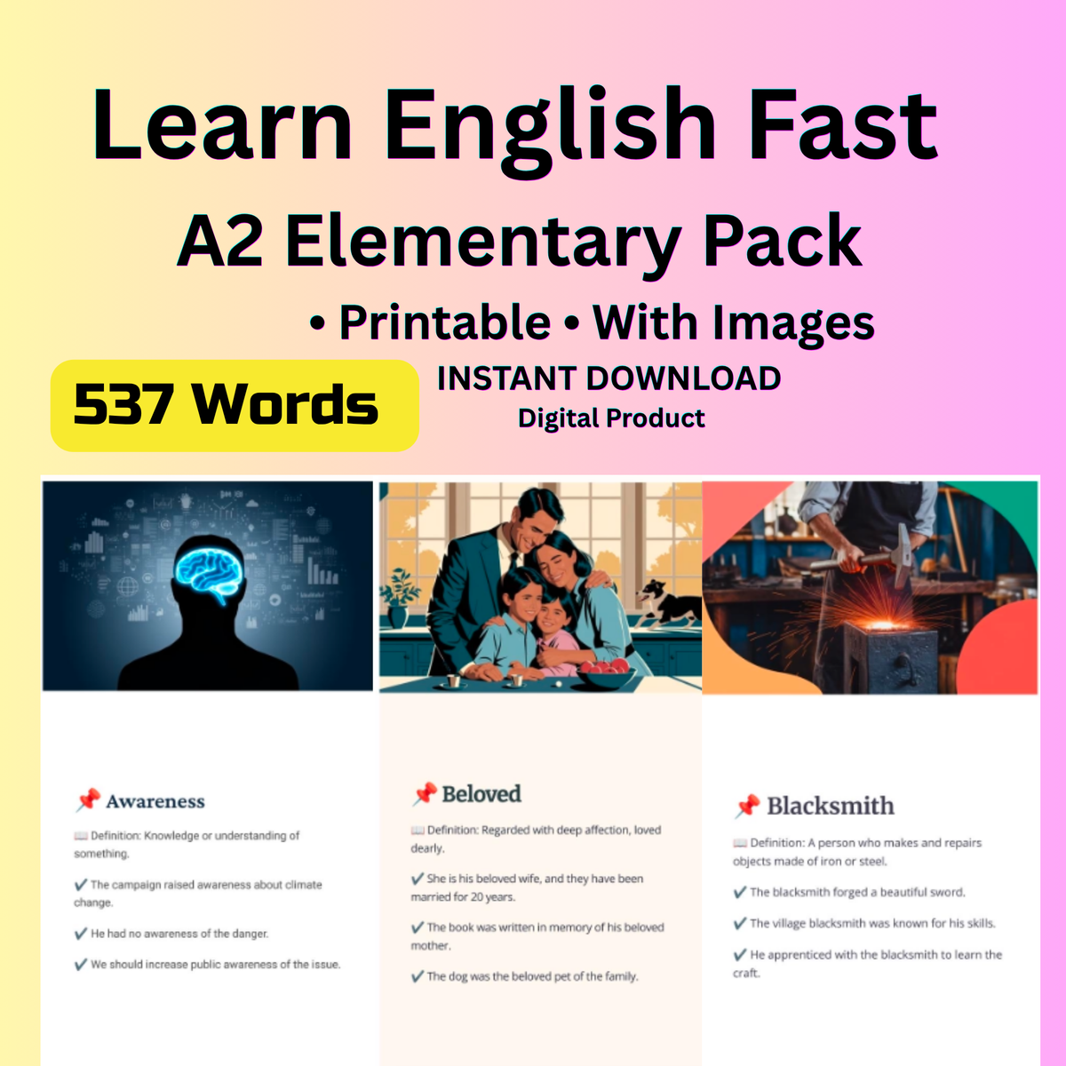 English Flashcards Printable PDF | 537 Vocabulary Cards | A2 Elementary English | ESL Learning | Instant Download