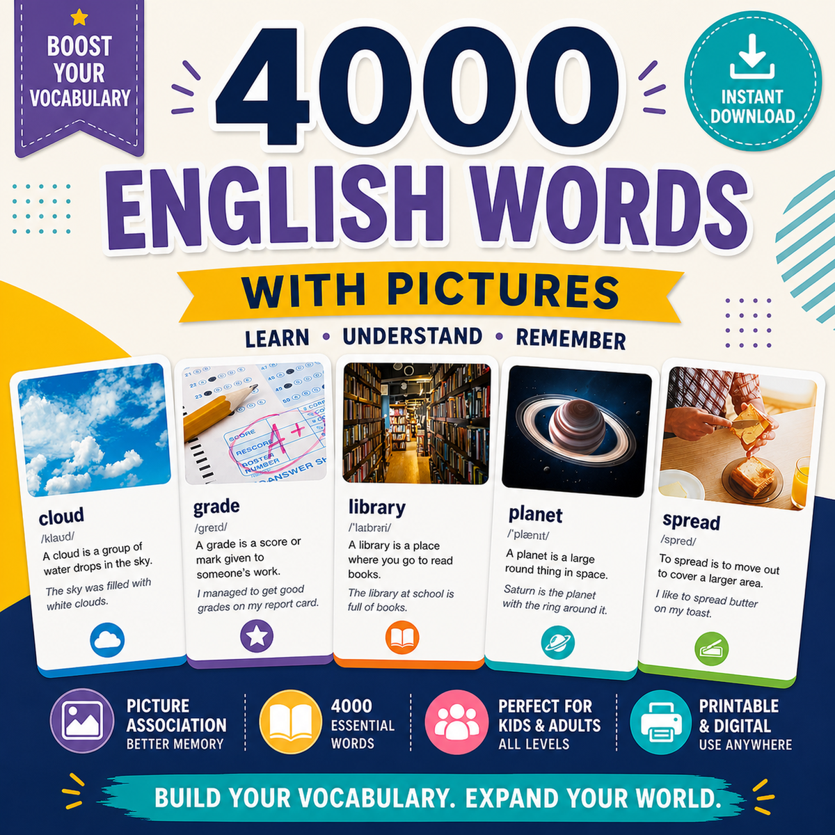 4000 English Vocabulary Flashcards PDF | A1–C1 ESL Learning | Download