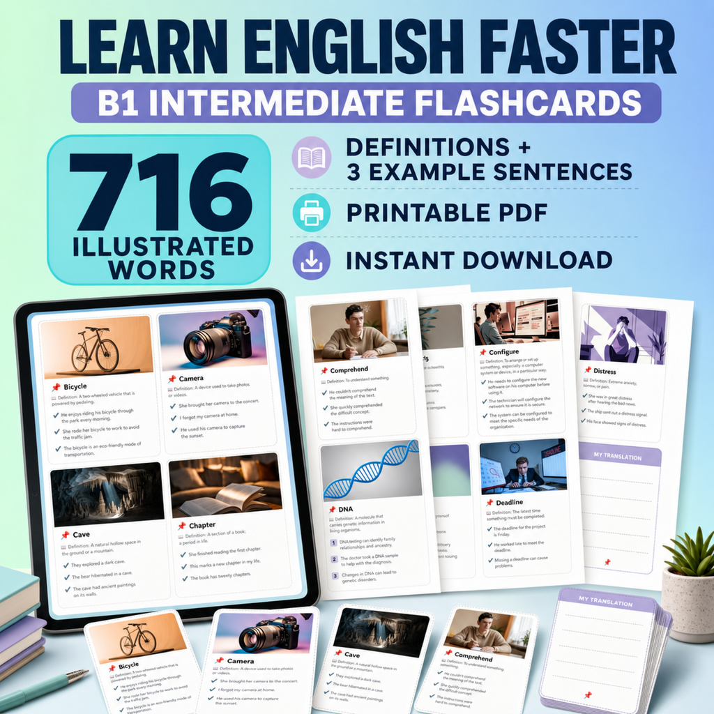English Flashcards Printable PDF | 716 Vocabulary Cards | B1 Intermediate English | ESL Learning | Instant Download