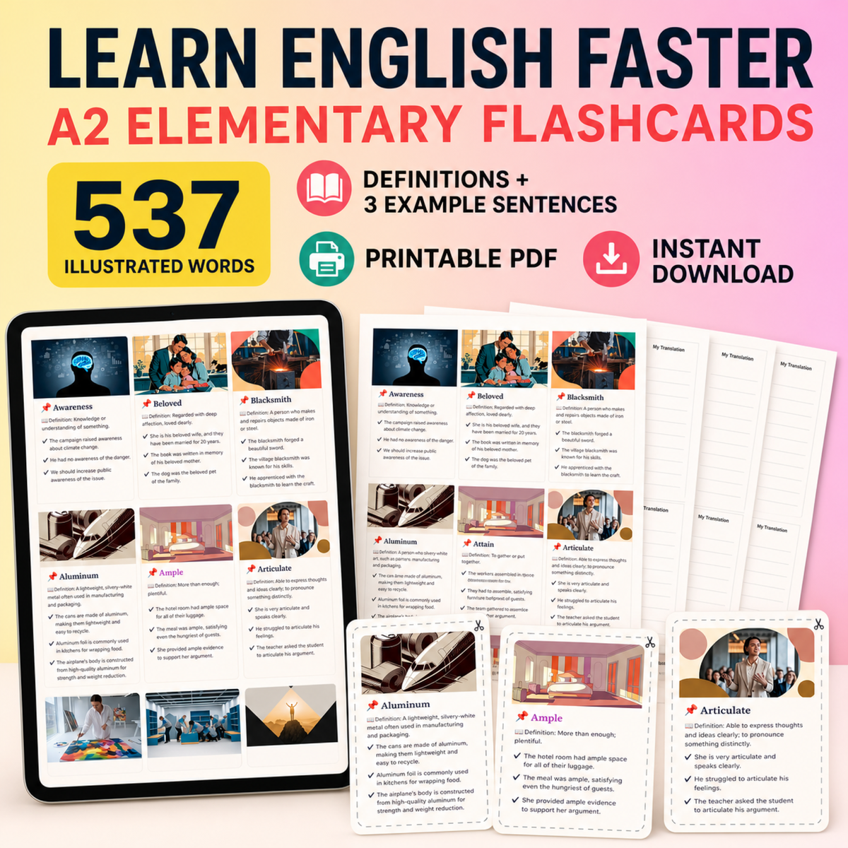 English Flashcards Printable PDF | 537 Vocabulary Cards | A2 Elementary English | ESL Learning | Instant Download