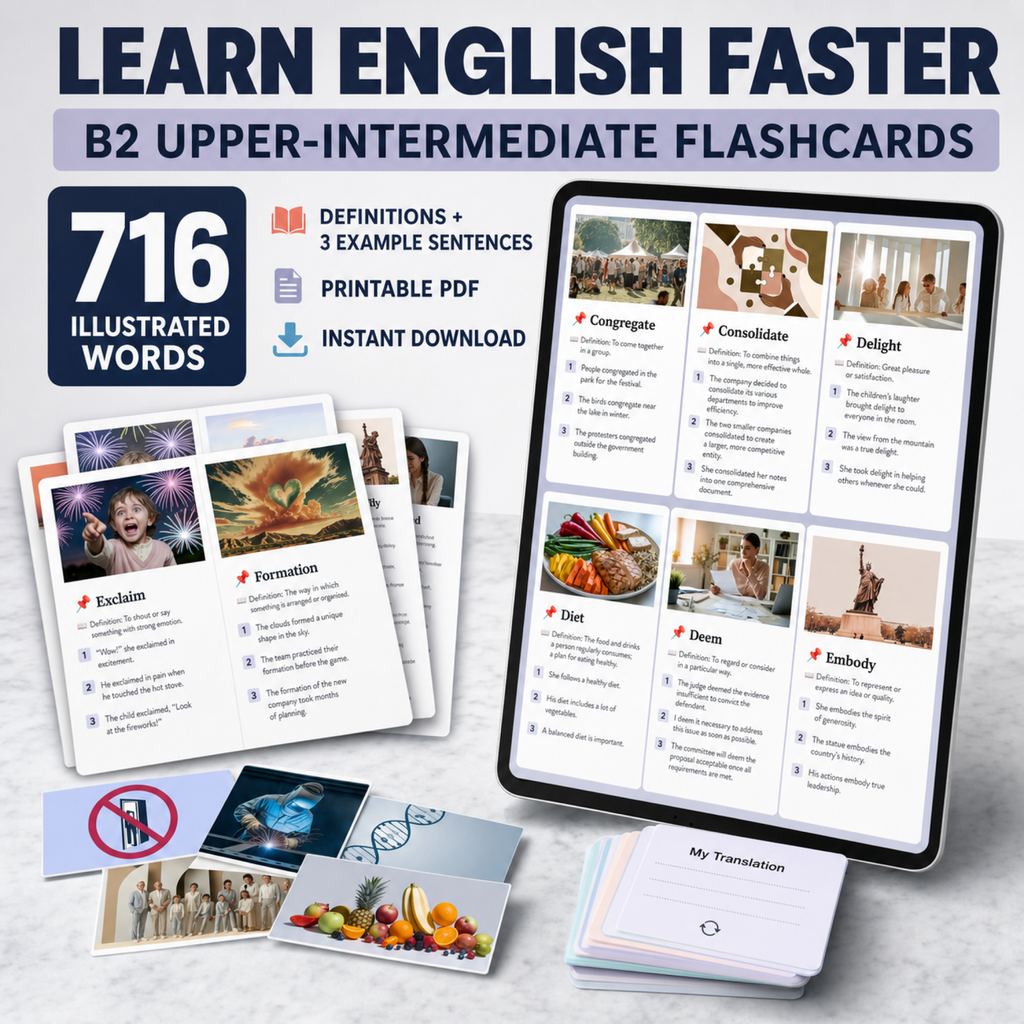English Flashcards Printable PDF | 716 Vocabulary Cards | B2 Upper Intermediate English | ESL Learning
