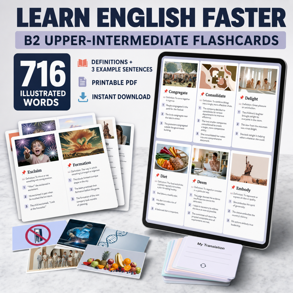 English Flashcards Printable PDF | 716 Vocabulary Cards | B2 Upper Intermediate English | ESL Learning