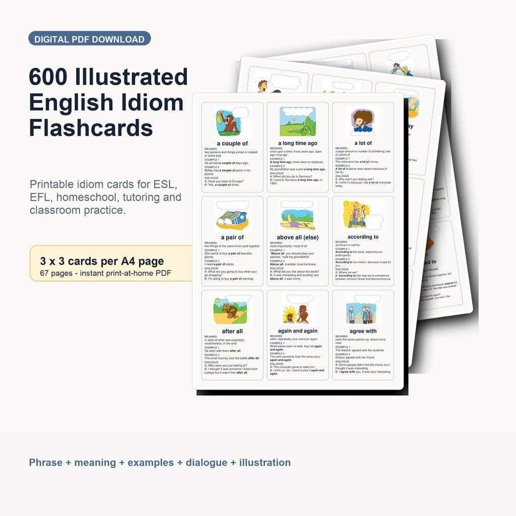 600 Illustrated English Idiom Flashcards – Printable ESL Learning Cards PDF