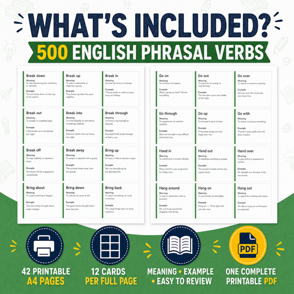 500 Phrasal Verbs Flashcards PDF | ESL Study Cards | Instant Download