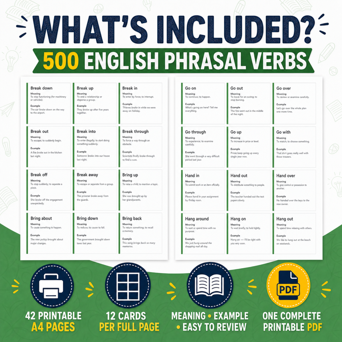 500 Phrasal Verbs Flashcards PDF | ESL Study Cards | Instant Download
