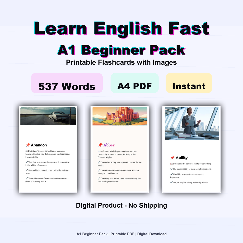 English Flashcards Printable PDF | Vocabulary Cards | ESL Learning for Beginners | Basic English Words
