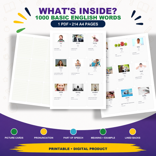 1000 Basic English Words Flashcards PDF | ESL Vocabulary | Instant Download