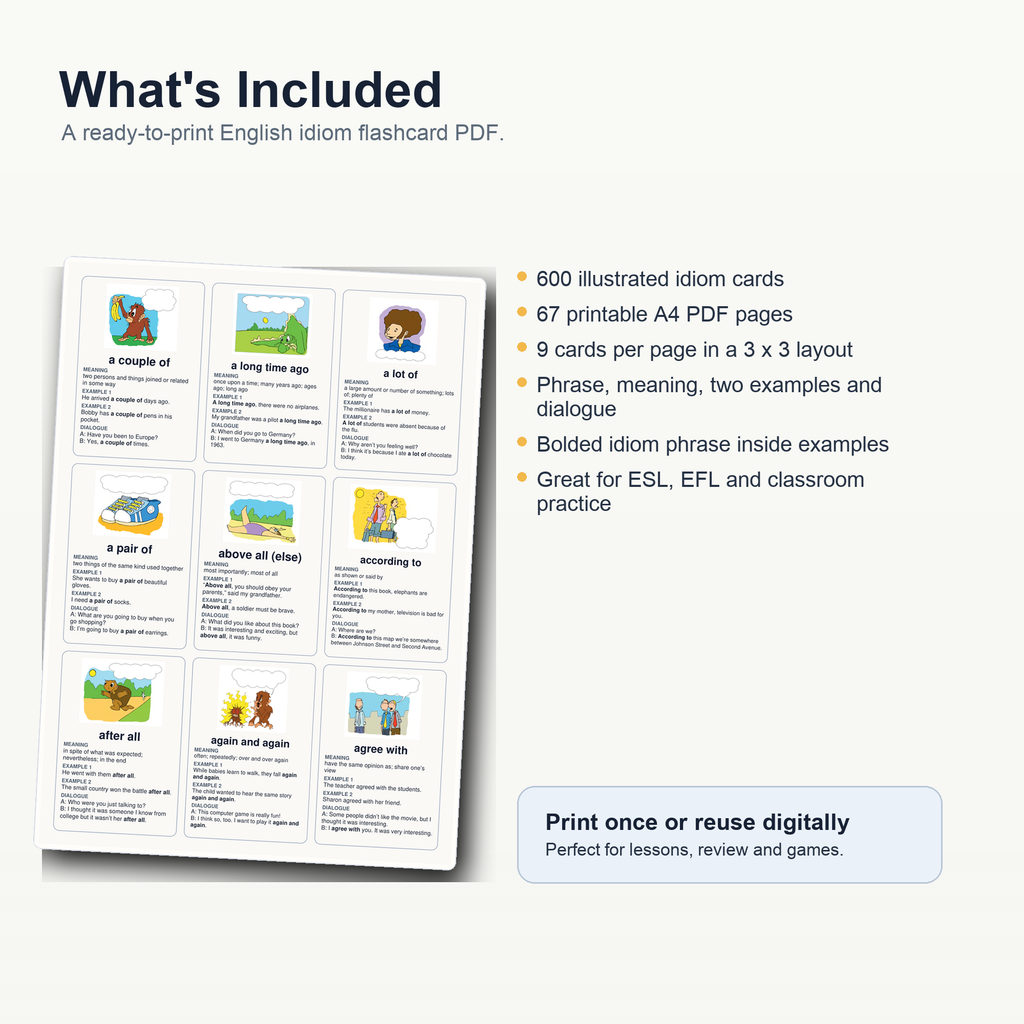 600 Illustrated English Idiom Flashcards – Printable ESL Learning Cards PDF