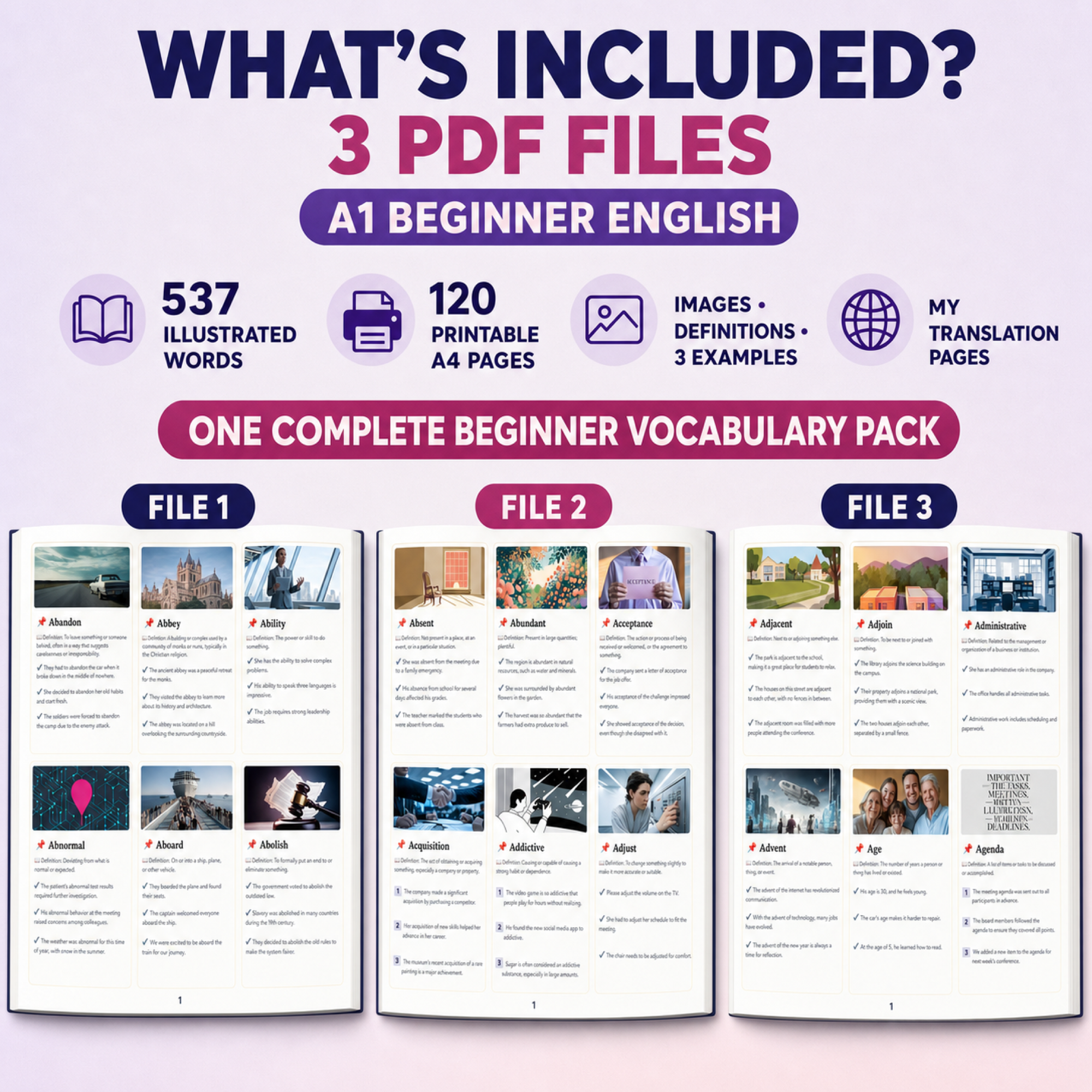 English Flashcards Printable PDF | Vocabulary Cards | ESL Learning for Beginners | Basic English Words