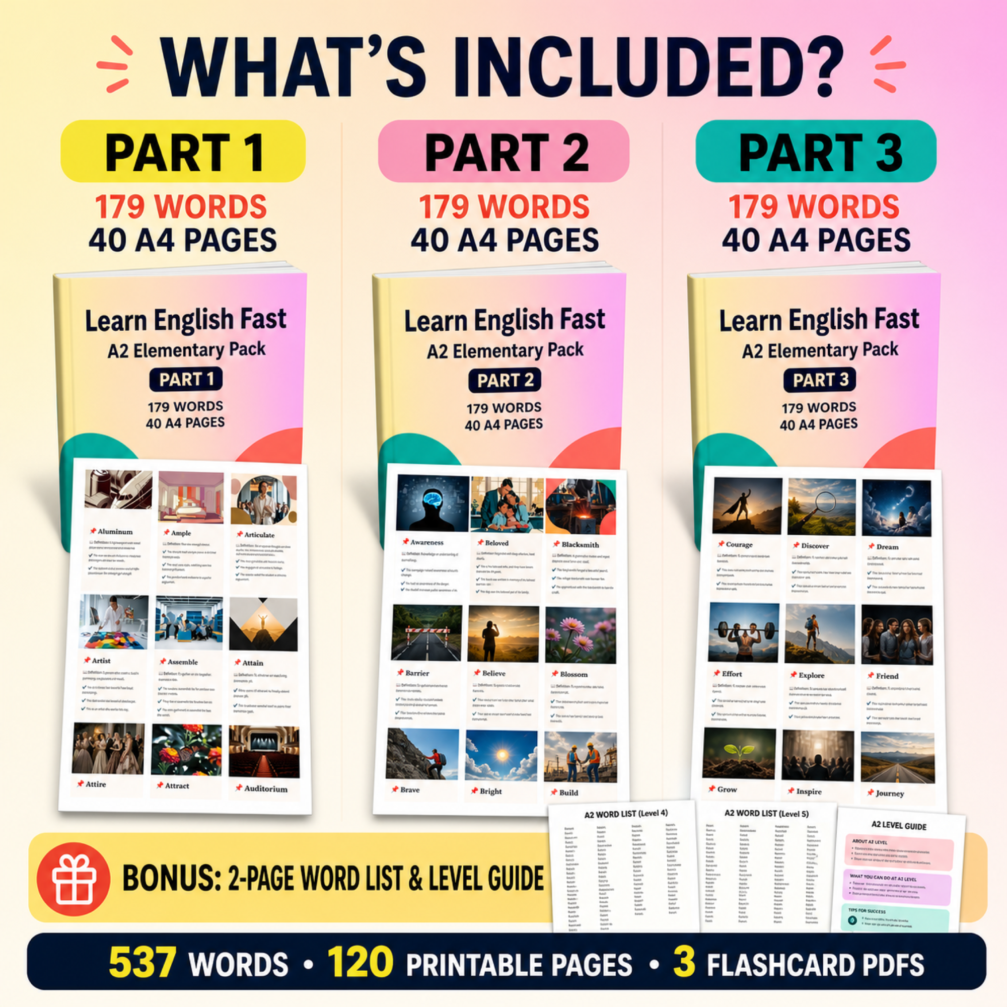 English Flashcards Printable PDF | 537 Vocabulary Cards | A2 Elementary English | ESL Learning | Instant Download