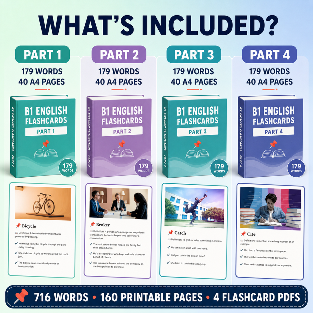 English Flashcards Printable PDF | 716 Vocabulary Cards | B1 Intermediate English | ESL Learning | Instant Download