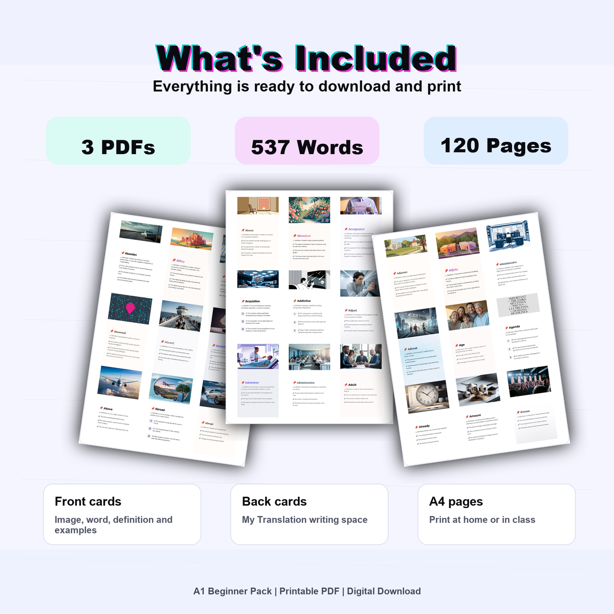 English Flashcards Printable PDF | Vocabulary Cards | ESL Learning for Beginners | Basic English Words
