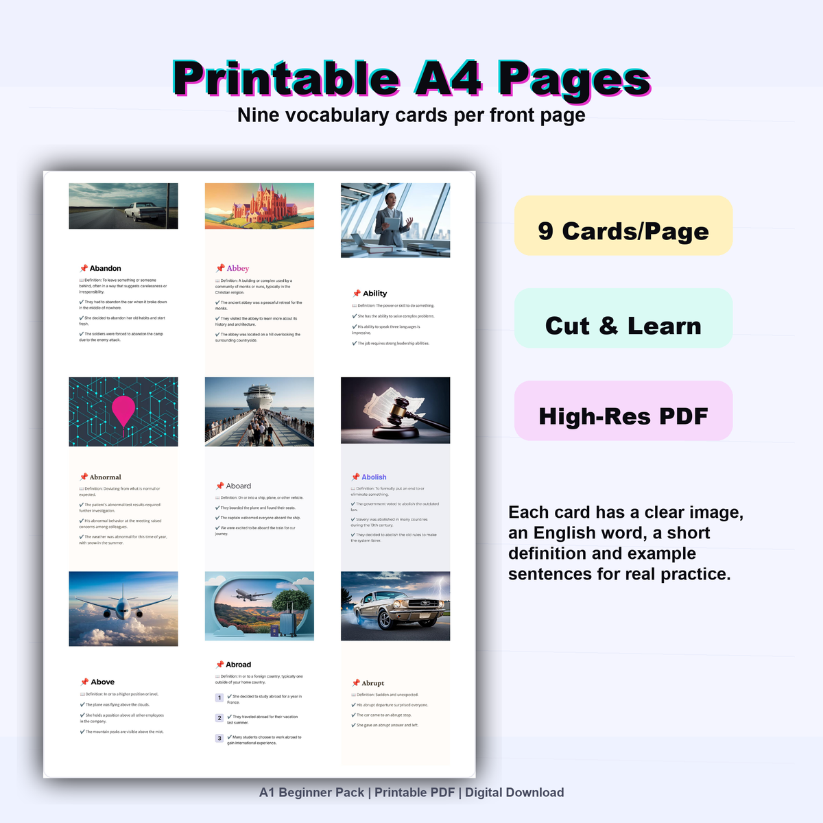 English Flashcards Printable PDF | Vocabulary Cards | ESL Learning for Beginners | Basic English Words