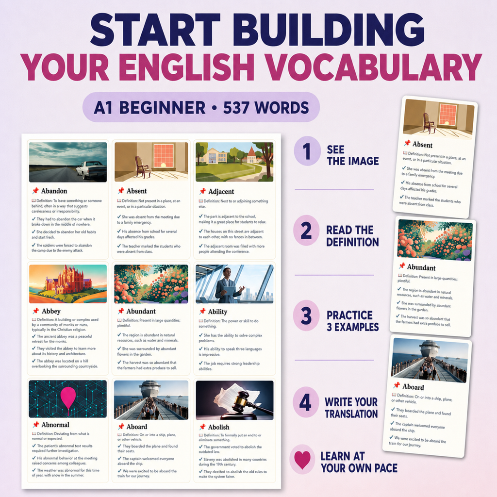 English Flashcards Printable PDF | Vocabulary Cards | ESL Learning for Beginners | Basic English Words