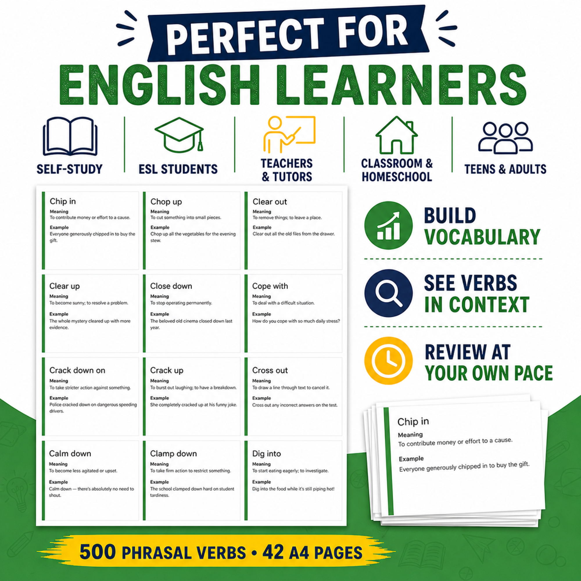 500 Phrasal Verbs Flashcards PDF | ESL Study Cards | Instant Download