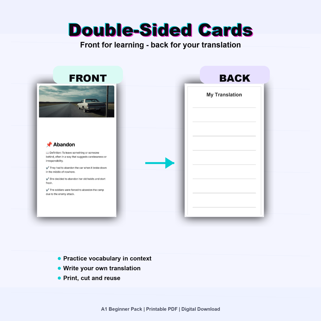 English Flashcards Printable PDF | Vocabulary Cards | ESL Learning for Beginners | Basic English Words