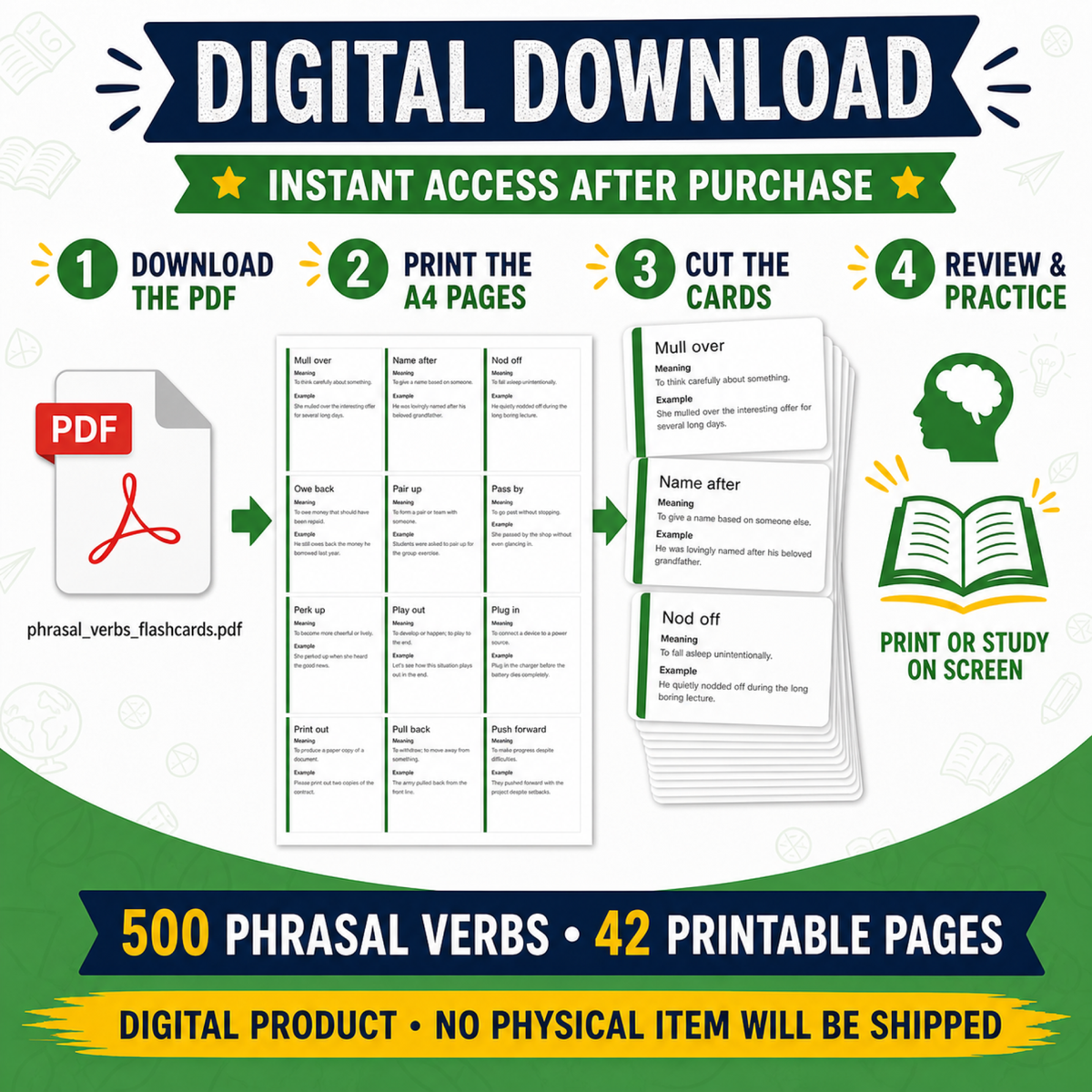 500 Phrasal Verbs Flashcards PDF | ESL Study Cards | Instant Download