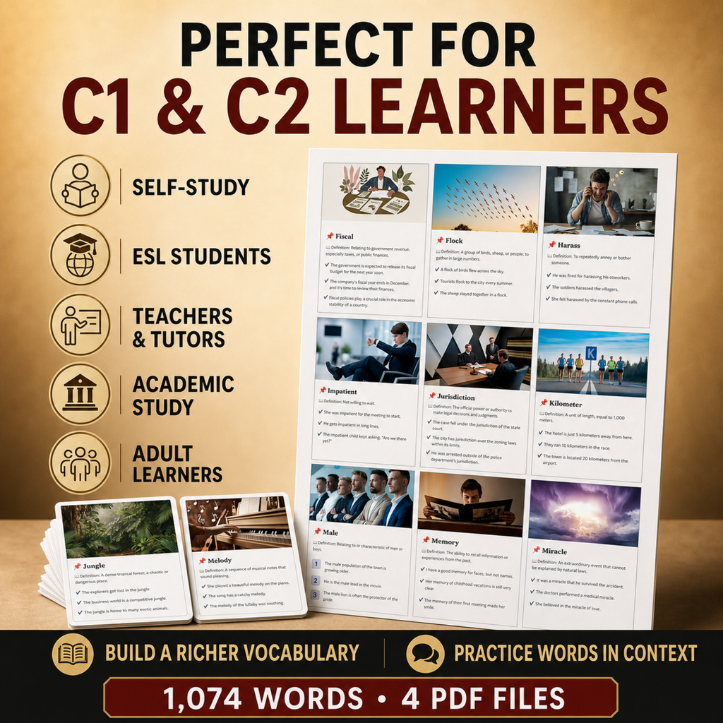 English Flashcards Printable PDF | 1074 Vocabulary Cards | C1 Advanced English | ESL Learning