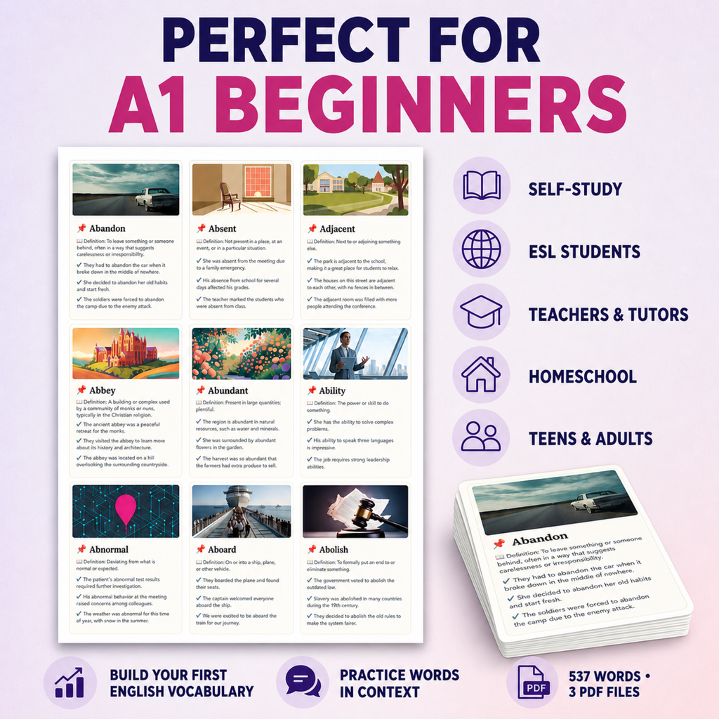 English Flashcards Printable PDF | Vocabulary Cards | ESL Learning for Beginners | Basic English Words