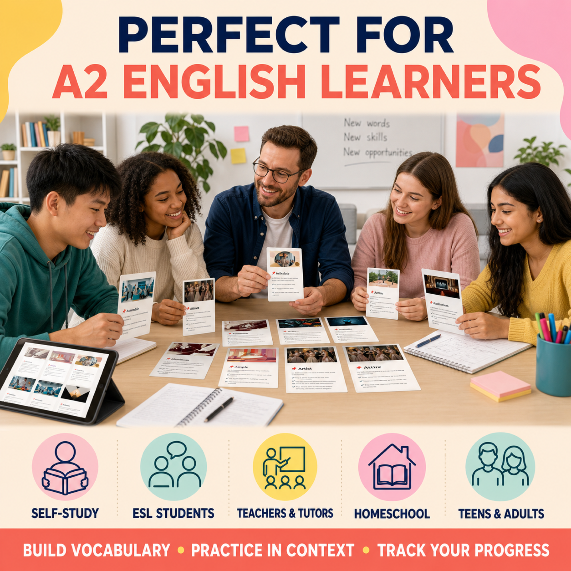 English Flashcards Printable PDF | 537 Vocabulary Cards | A2 Elementary English | ESL Learning | Instant Download