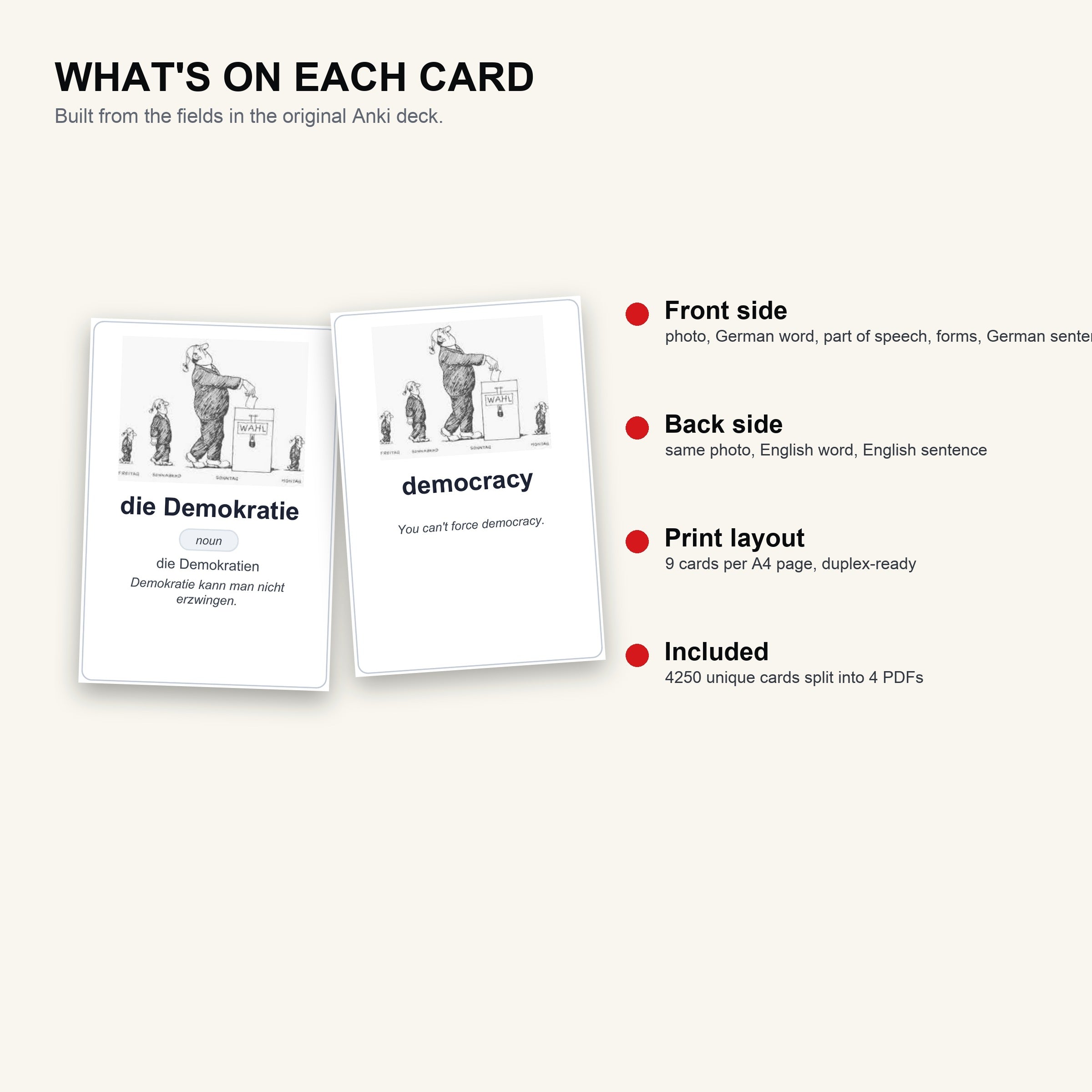4250 German Vocabulary Flashcards | A1-C2 Levels, German-English Study Cards (PDF Download)