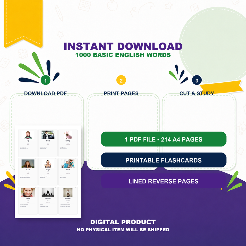 1000 Basic English Words Flashcards PDF | ESL Vocabulary | Instant Download