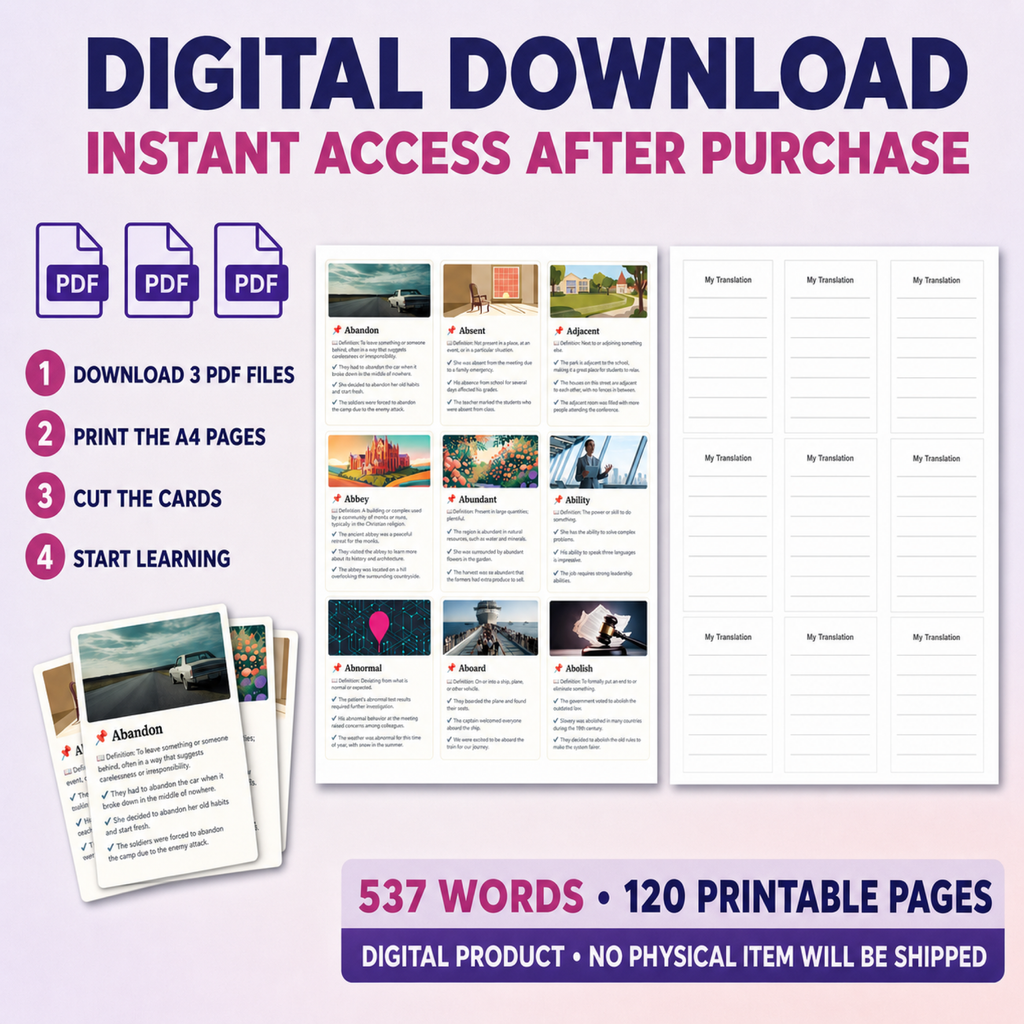 English Flashcards Printable PDF | Vocabulary Cards | ESL Learning for Beginners | Basic English Words