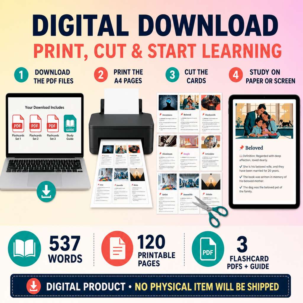 English Flashcards Printable PDF | 537 Vocabulary Cards | A2 Elementary English | ESL Learning | Instant Download