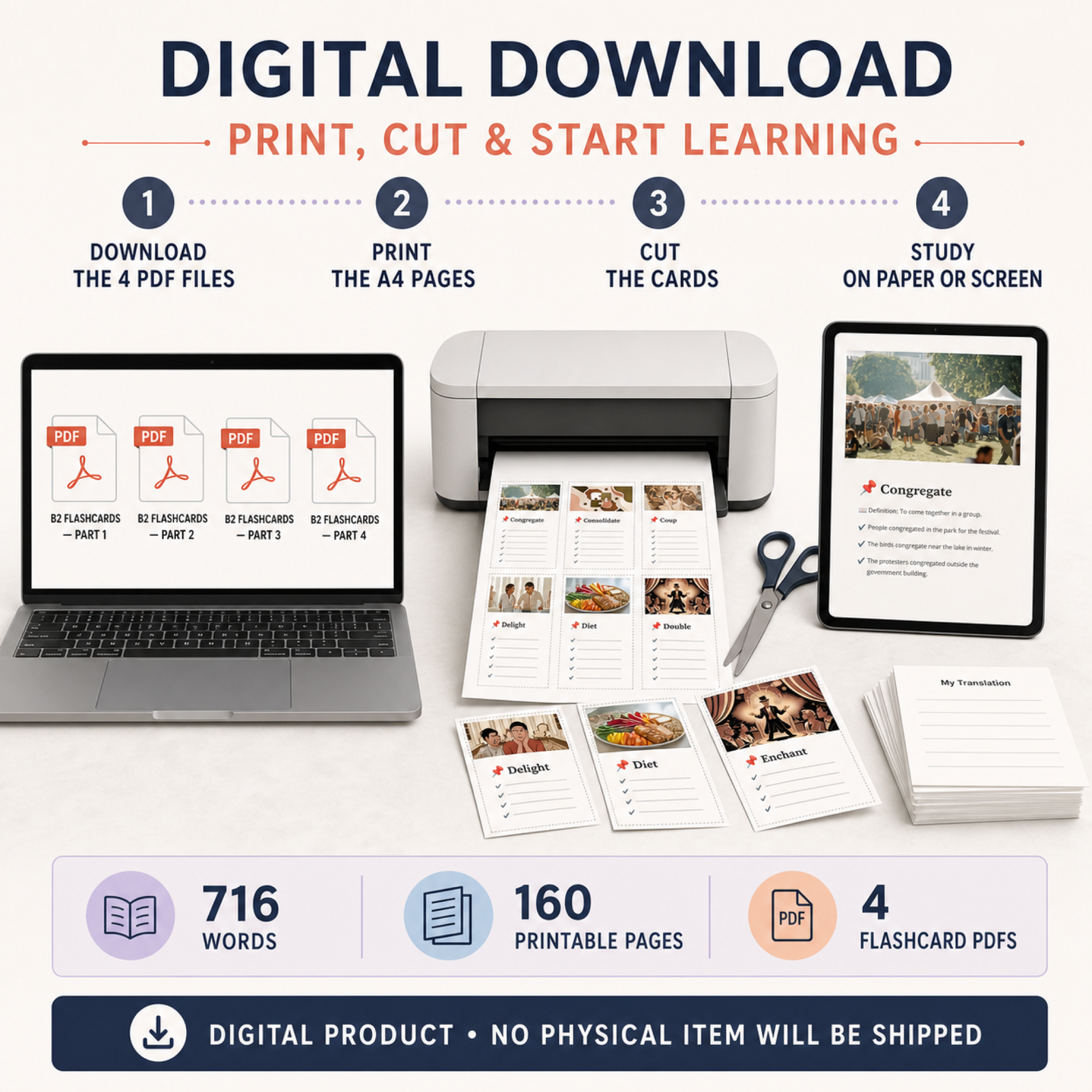 English Flashcards Printable PDF | 716 Vocabulary Cards | B2 Upper Intermediate English | ESL Learning