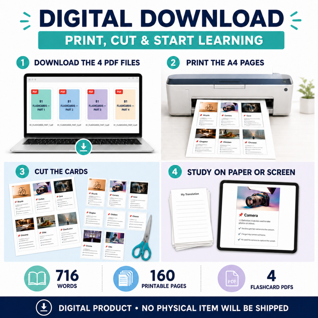 English Flashcards Printable PDF | 716 Vocabulary Cards | B1 Intermediate English | ESL Learning | Instant Download