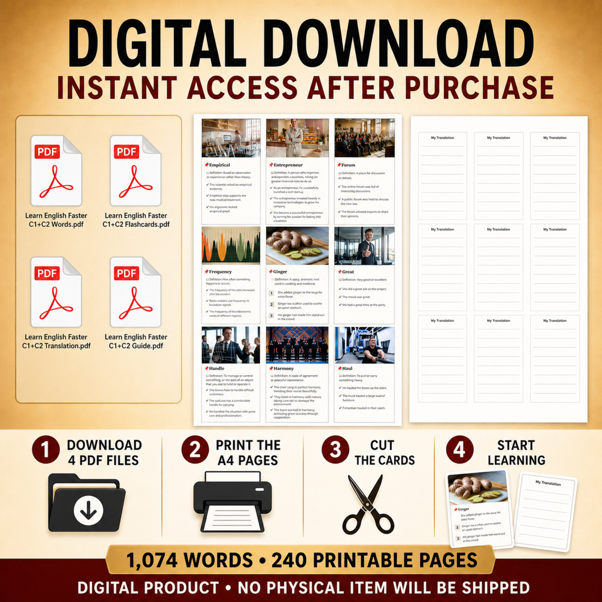 English Flashcards Printable PDF | 1074 Vocabulary Cards | C1 Advanced English | ESL Learning