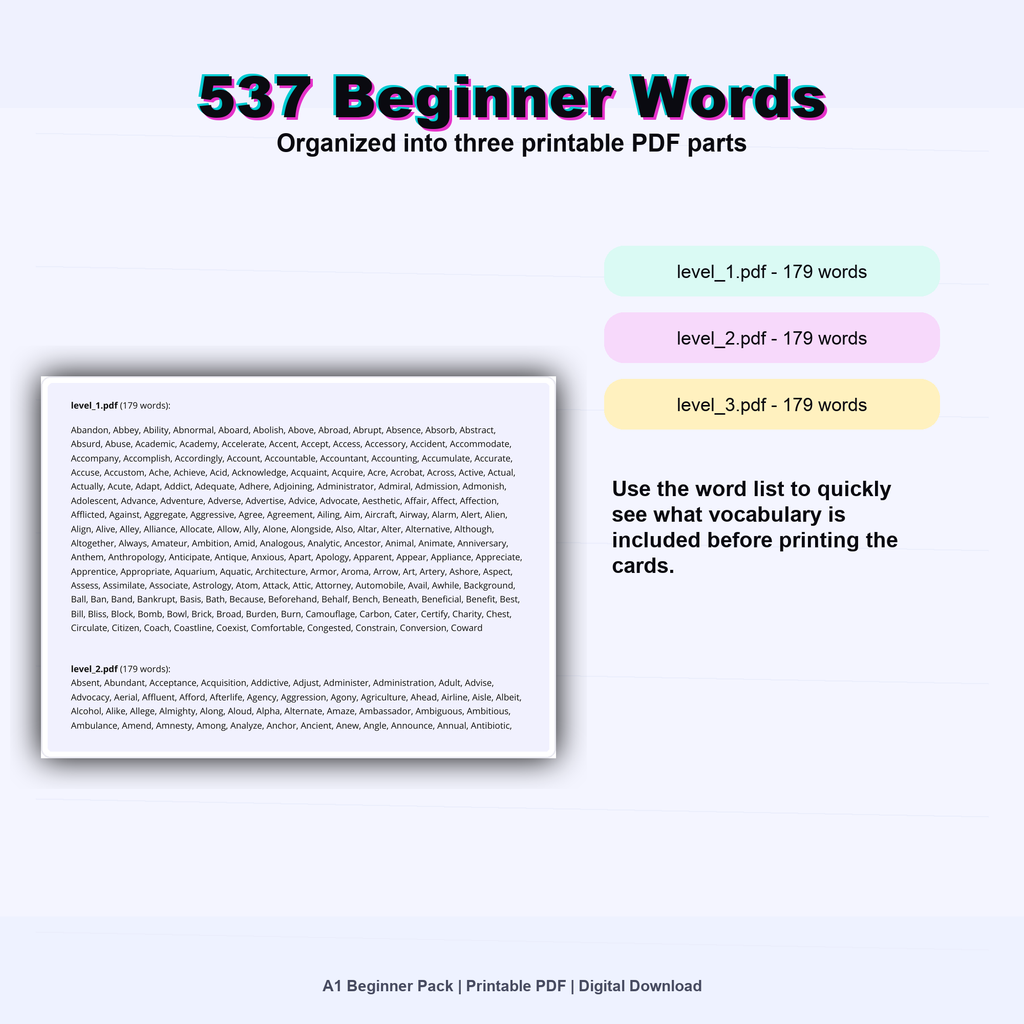 English Flashcards Printable PDF | Vocabulary Cards | ESL Learning for Beginners | Basic English Words