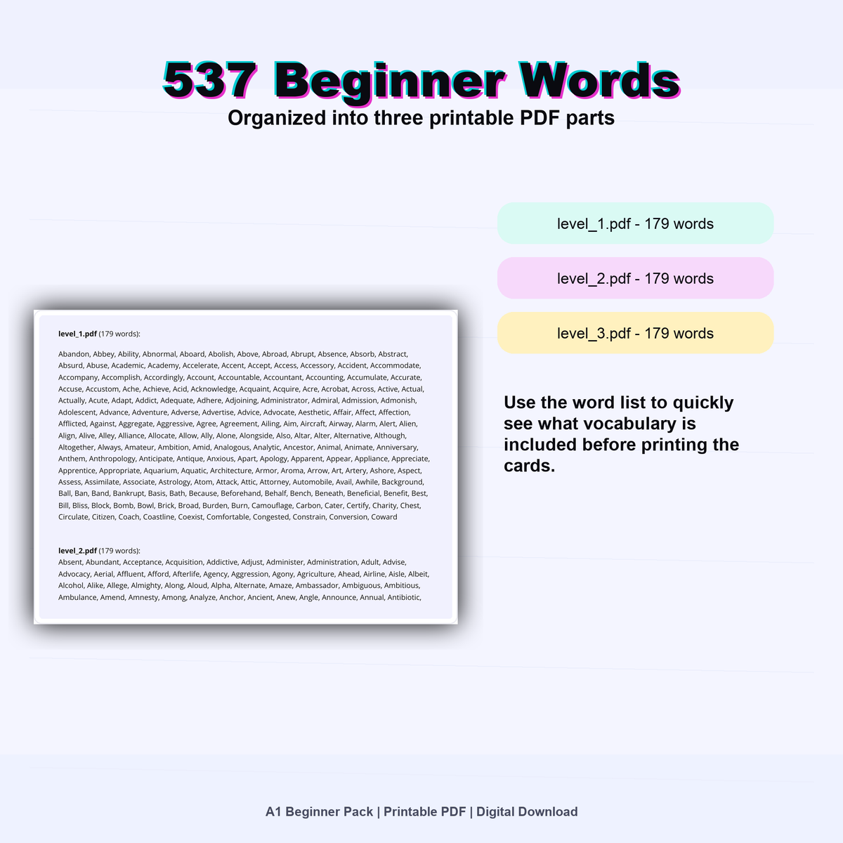 English Flashcards Printable PDF | Vocabulary Cards | ESL Learning for Beginners | Basic English Words