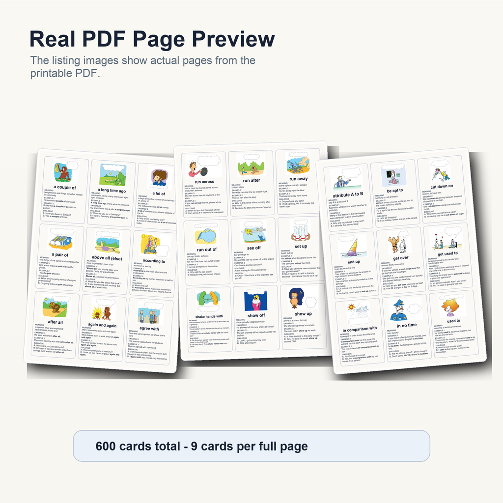 600 Illustrated English Idiom Flashcards – Printable ESL Learning Cards PDF