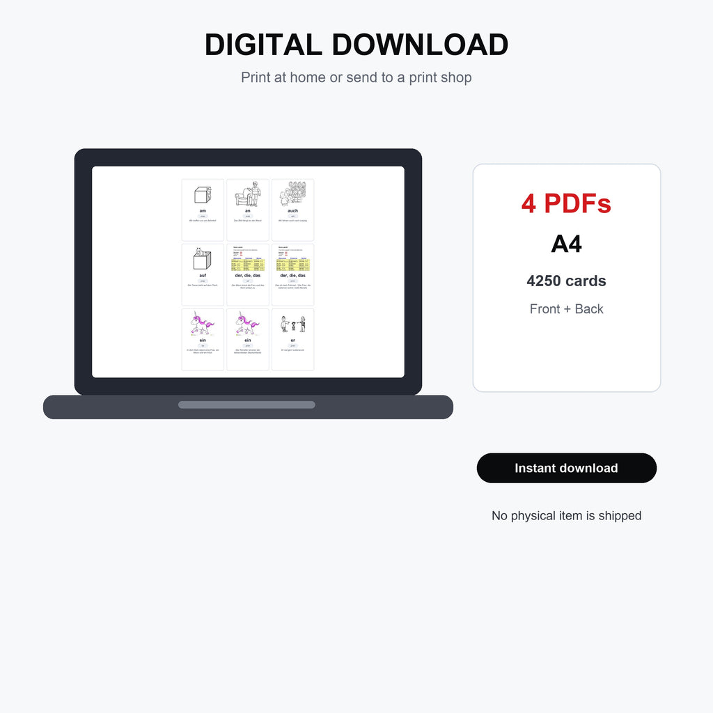 4250 German Vocabulary Flashcards | A1-C2 Levels, German-English Study Cards (PDF Download)