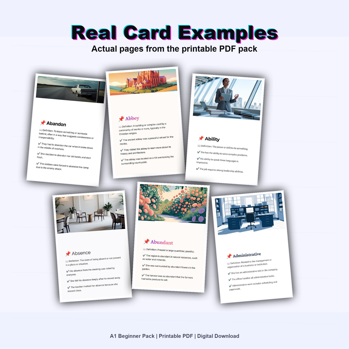 English Flashcards Printable PDF | Vocabulary Cards | ESL Learning for Beginners | Basic English Words