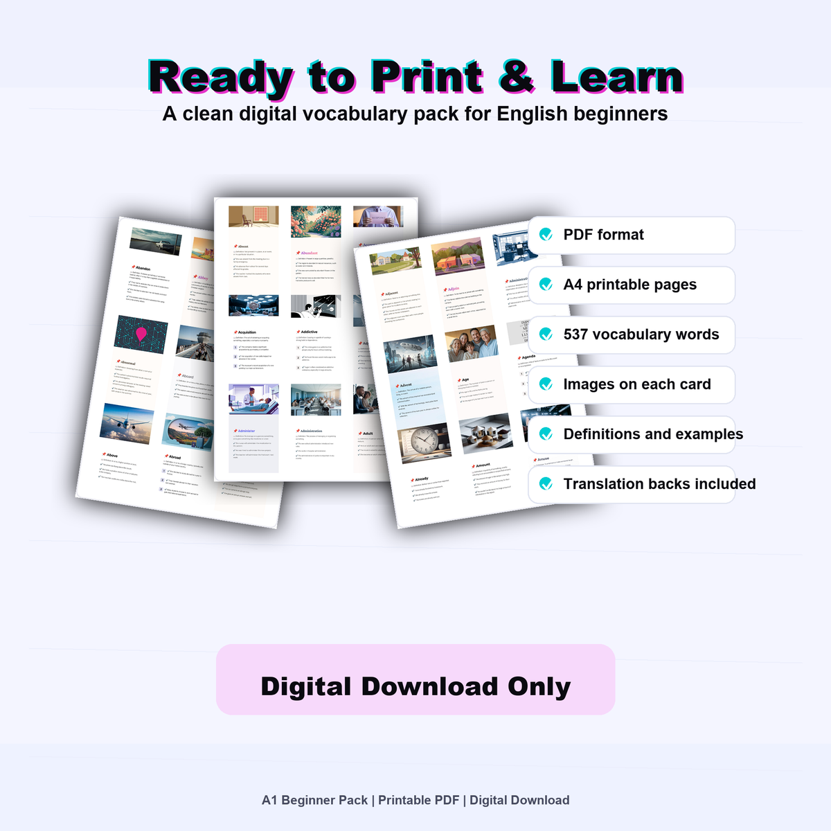 English Flashcards Printable PDF | Vocabulary Cards | ESL Learning for Beginners | Basic English Words