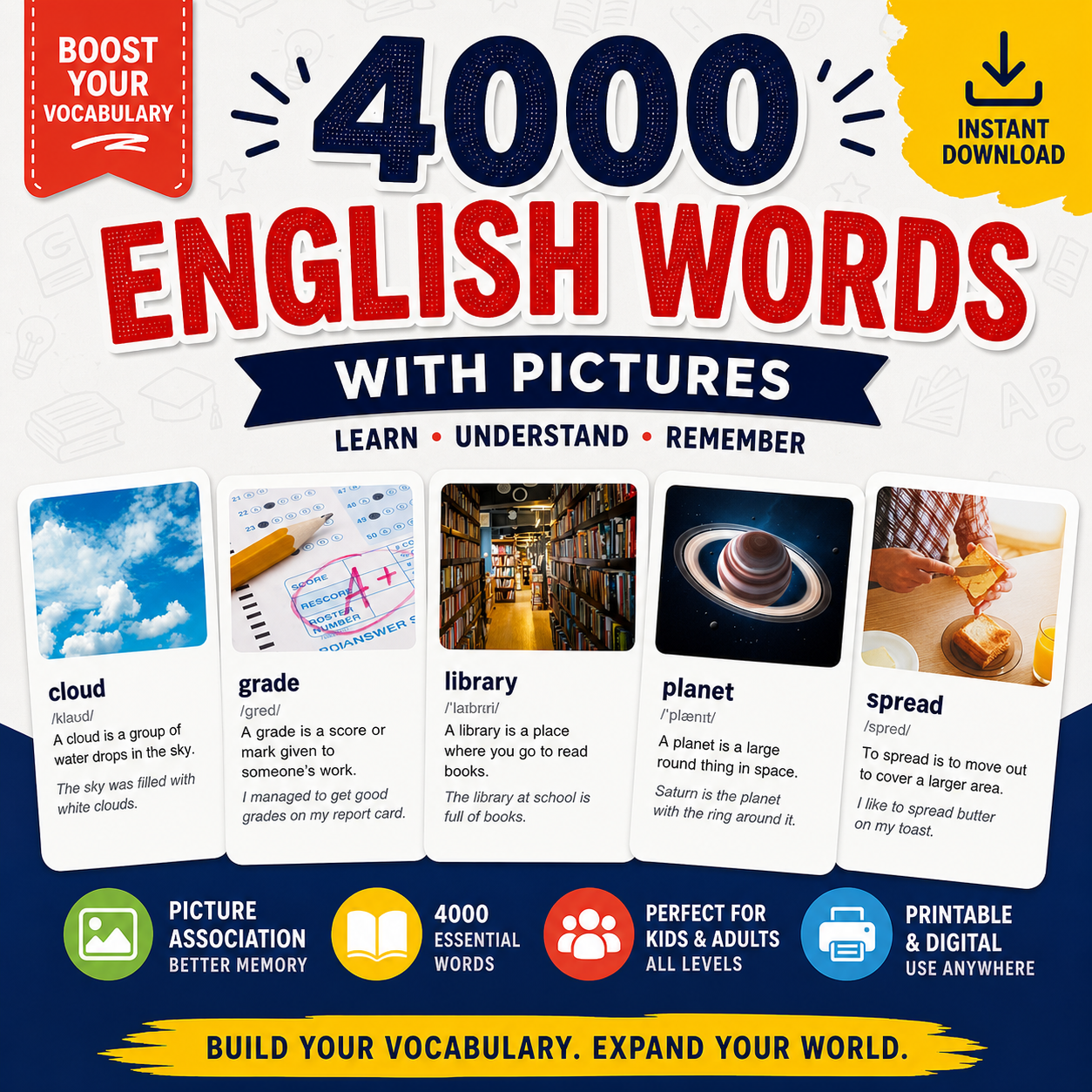 4000 English Vocabulary Flashcards PDF | A1–C1 ESL Learning | Download