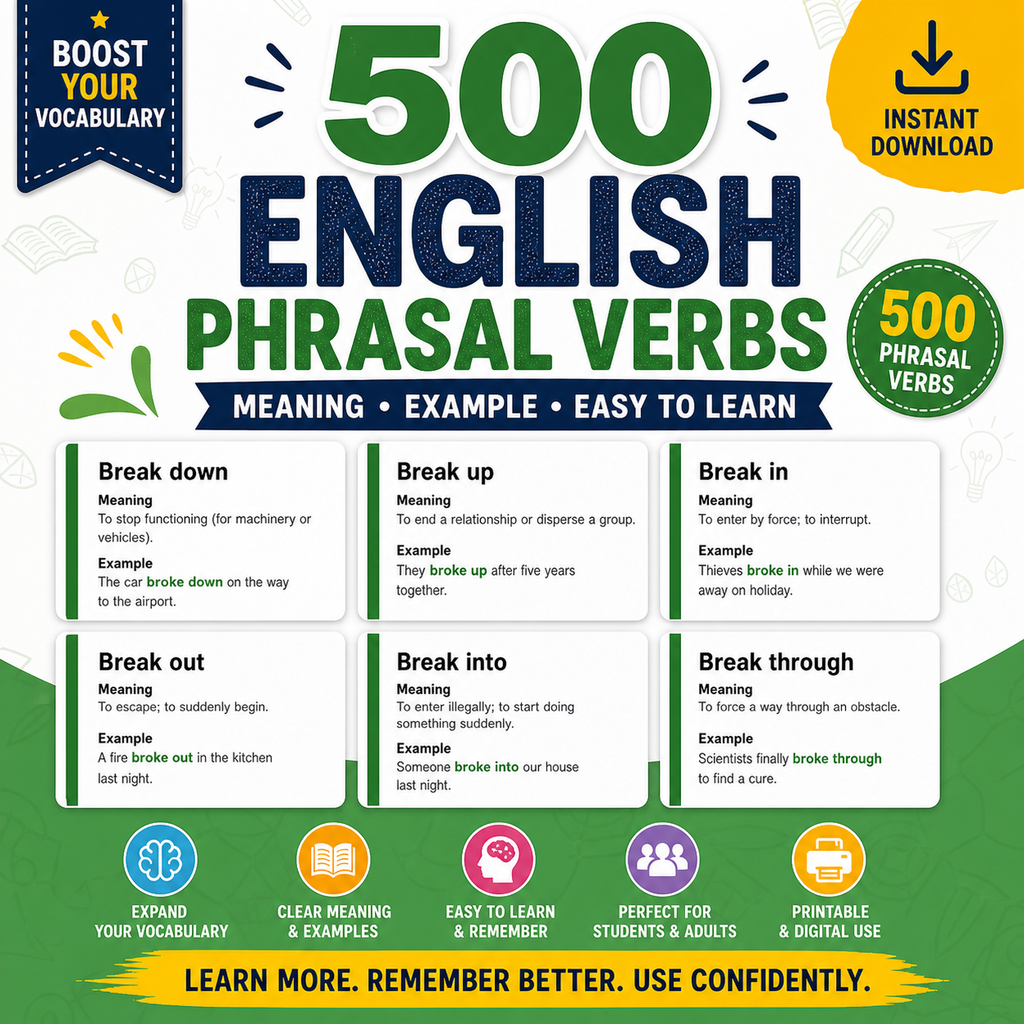 500 Phrasal Verbs Flashcards PDF | ESL Study Cards | Instant Download
