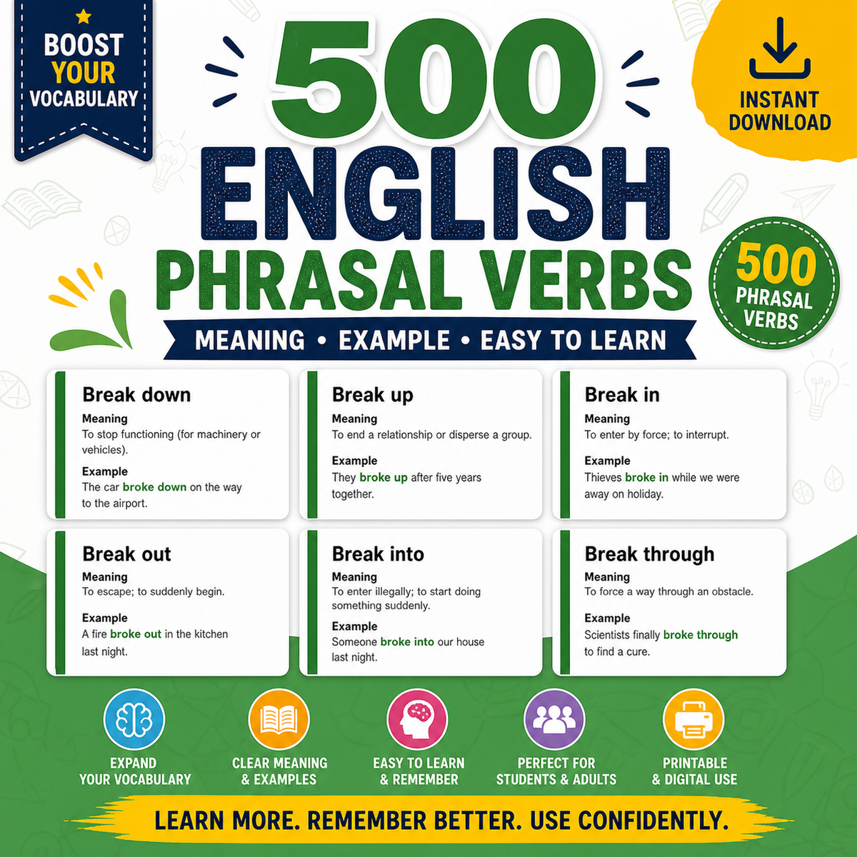 500 Phrasal Verbs Flashcards PDF | ESL Study Cards | Instant Download