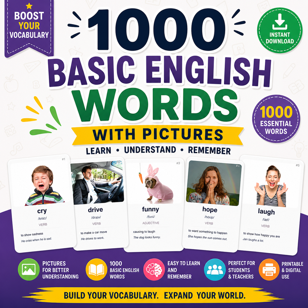 1000 Basic English Words Flashcards PDF | ESL Vocabulary | Instant Download