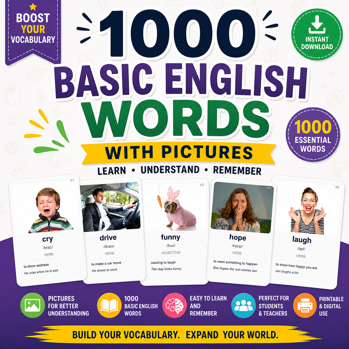 1000 Basic English Words Flashcards PDF | ESL Vocabulary | Instant Download