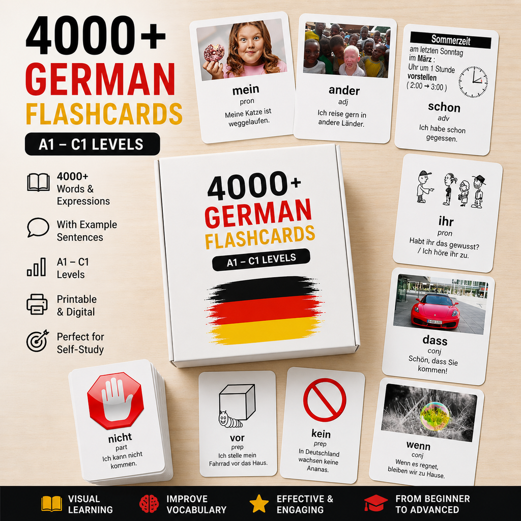 4000 German Flashcards PDF A1–C1 | English Translation | Instant Download