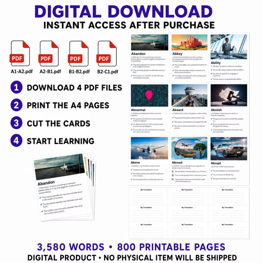 English Vocabulary Flashcards PDF | 3600+ Words, Images (A1–C1) (Digital Product)