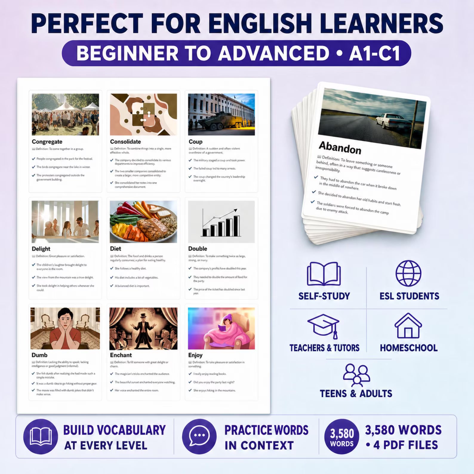English Vocabulary Flashcards PDF | 3600+ Words, Images (A1–C1) (Digital Product)