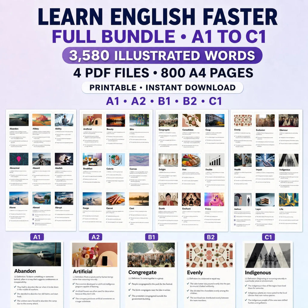 English Vocabulary Flashcards PDF | 3600+ Words, Images (A1–C1) (Digital Product)