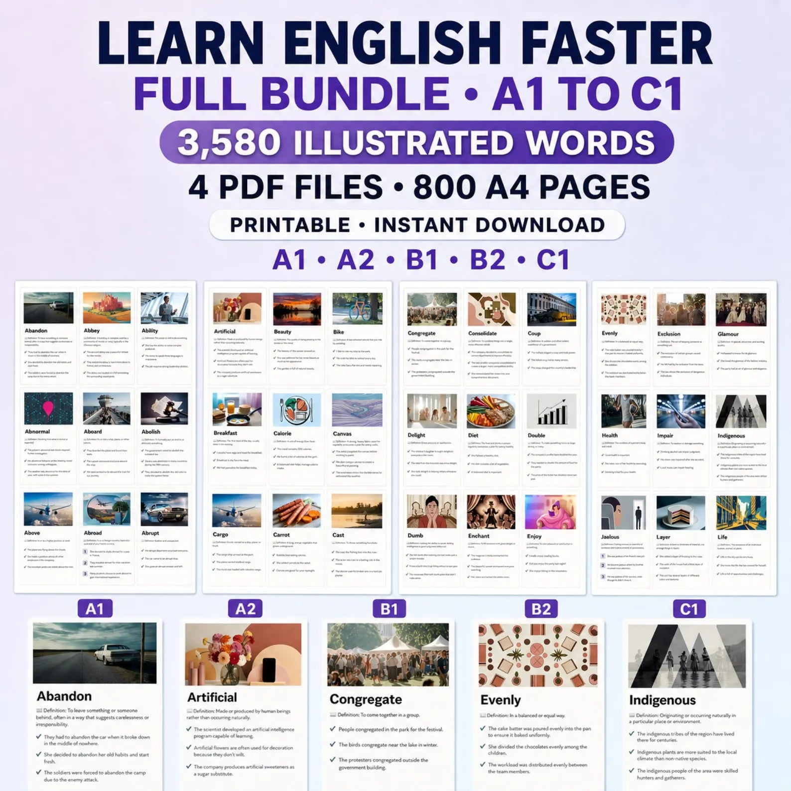 English Vocabulary Flashcards PDF | 3600+ Words, Images (A1–C1) (Digital Product)