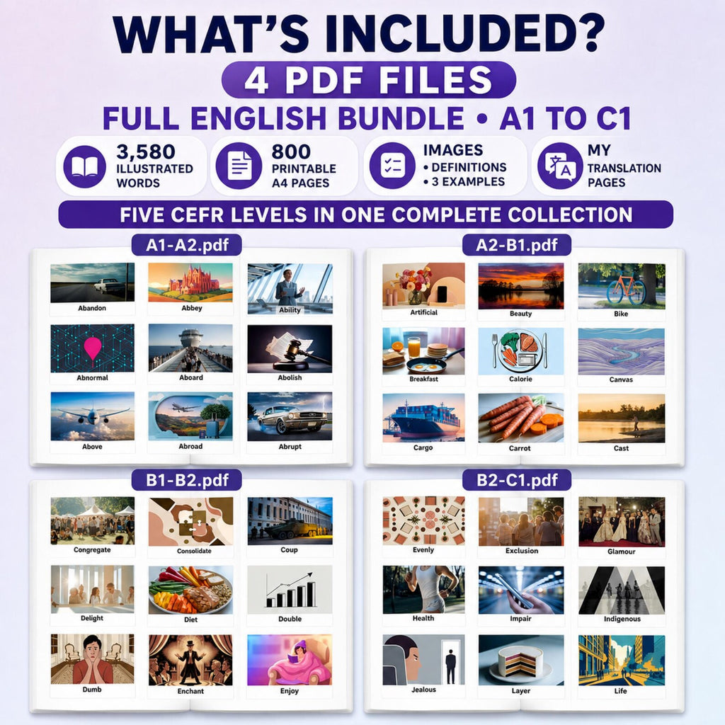English Vocabulary Flashcards PDF | 3600+ Words, Images (A1–C1) (Digital Product)