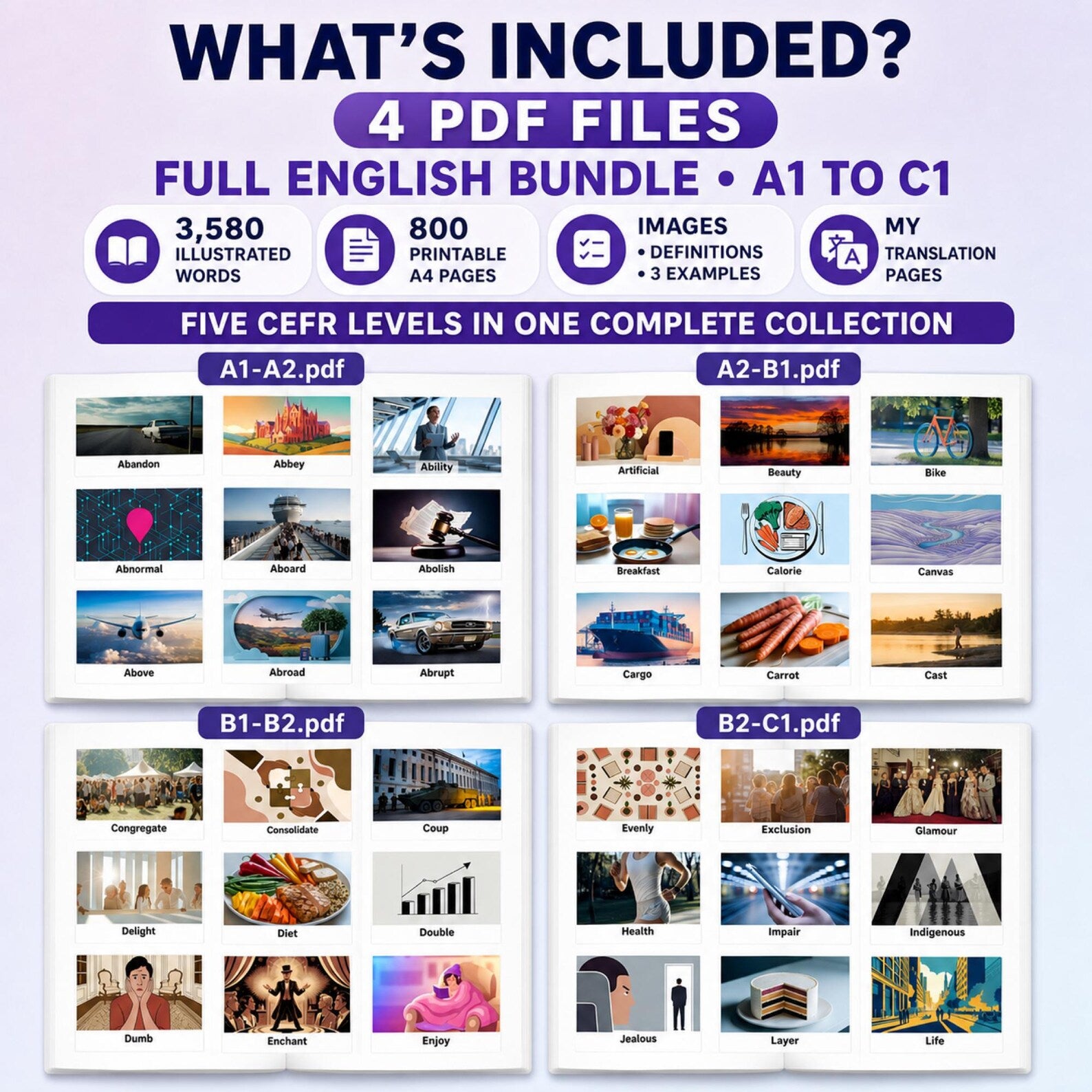 English Vocabulary Flashcards PDF | 3600+ Words, Images (A1–C1) (Digital Product)