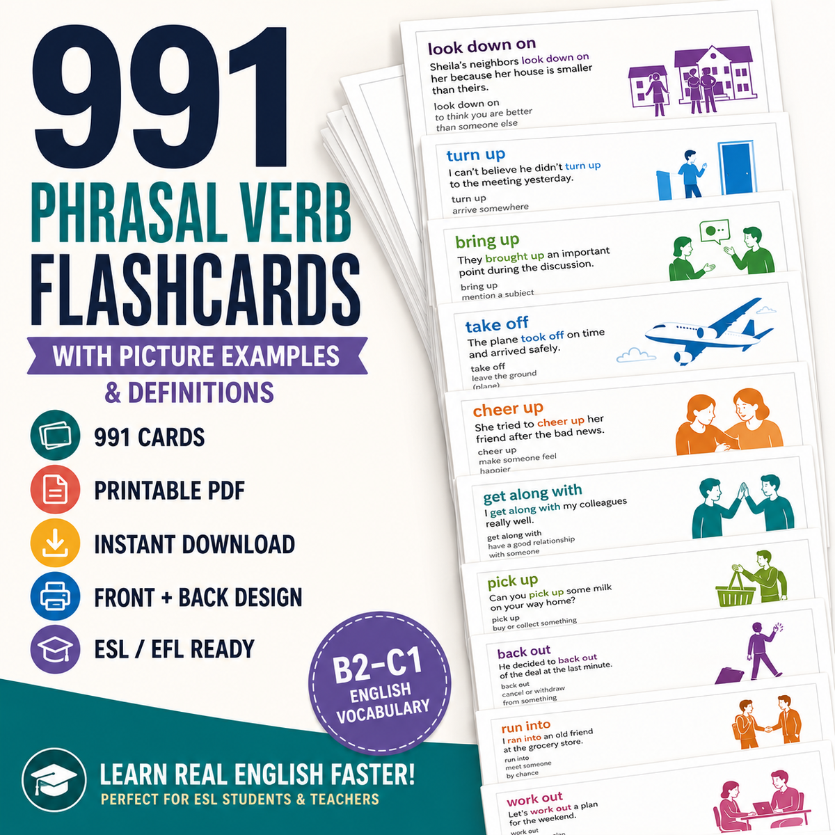 991 Phrasal Verb Flashcards PDF | Printable ESL Cards with Pictures
